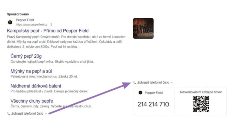 A screenshot of a Google search result for "Pepper Field" on Desktop shows several product ads, Call Extensions displaying a business info panel on the right, and a purple arrow pointing from the ads to "Zobrazit telefonní číslo" with the phone number 214 214 710.