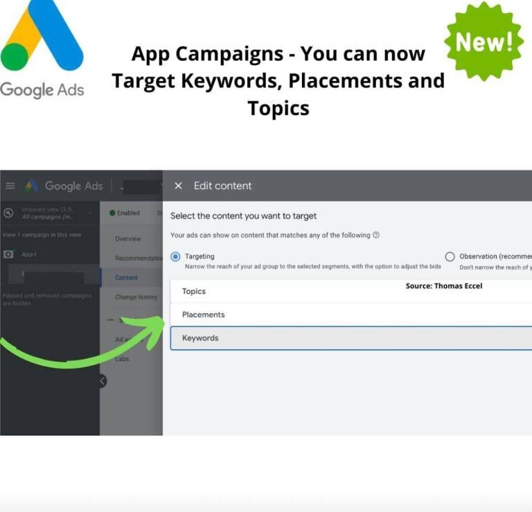 A screen displays the Google Ads interface with text: "App Campaigns - You can now Target Keywords, Placements, and Topics." An arrow highlights sidebar menu options for targeting placements and SEO keywords. A "New!" badge appears in the top right corner.