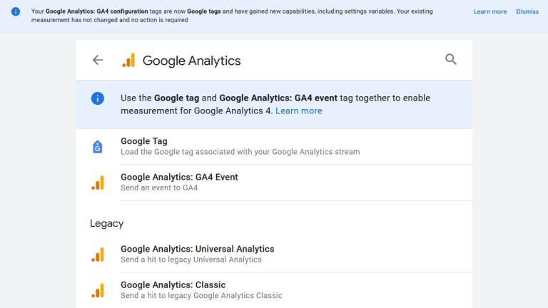 Screenshot of a Google Analytics settings page, displaying options for Google Tag Manager (GTM), GA4 configuration, and Legacy options for Universal and Classic Analytics. A note about configuring GA4 tags is prominently displayed at the top.