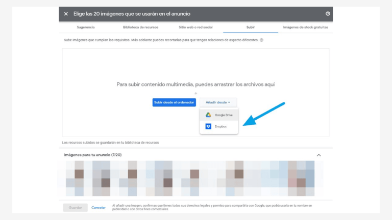 Screenshot of a web interface for uploading images in an advertisement, showcasing Dropbox integration. Options to add images from the computer, Google Drive, or Dropbox are available. A blue arrow highlights the Dropbox option. Thumbnails of selected image uploads are visible below.
