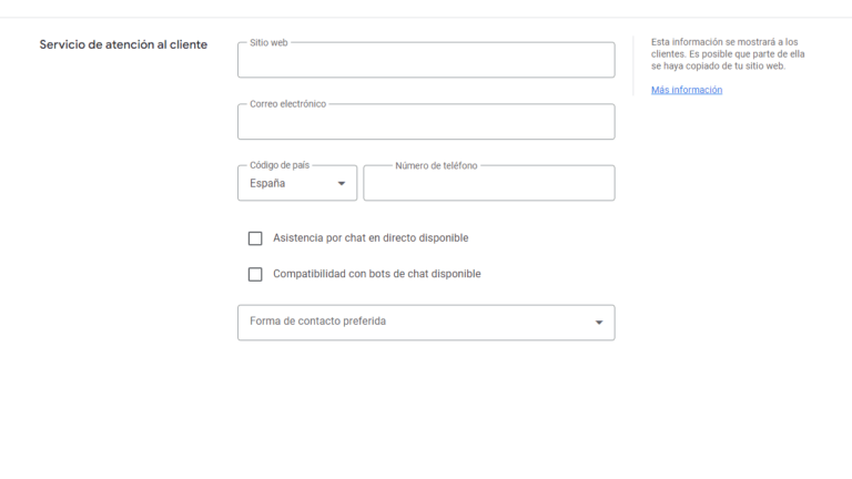 Customer service contact form in Spanish featuring fields for website, email, country code, and phone number. Options for live chat assistance, compatibility with chat bots, and a dropdown for preferred contact method. Integrated with Google Merchant Center for streamlined customer support.