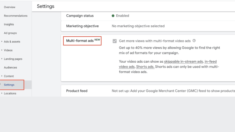 Screenshot of a settings page showcasing options for managing a marketing campaign at the campaign level. The "Multi-format ads" section is highlighted as new, and the campaign status is enabled with an invitation to set the marketing objective.
