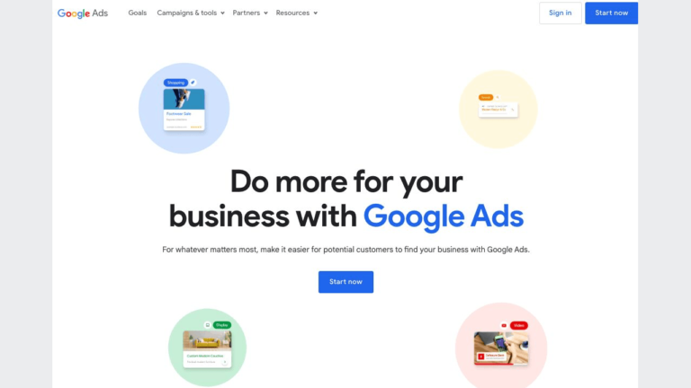 Experience the redesigned Google Ads homepage, where the central message, "Do more for your business with Google Ads," inspires you to take action. Explore four vibrant circles featuring engaging images, and click "Start now" to elevate your business with ease.