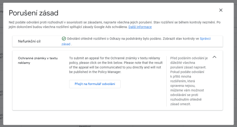 The Google Ads violation notification screen, featuring texts in Czech, outlines the process for appealing policy decisions. It includes a button to access the appeal form and notes that success is not guaranteed, particularly if trademark issues are involved.