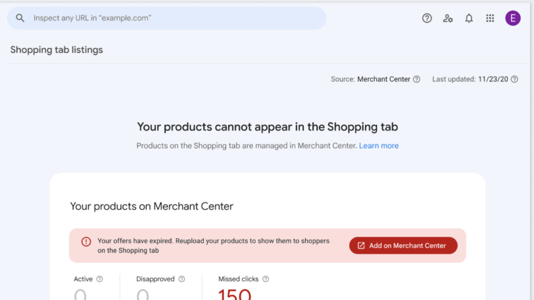 Screenshot of a webpage from the Merchant Center displaying a notification about products not appearing in the Shopping tab due to expired offers. A button labeled "Add on Merchant Center" is present, alongside a section for missed clicks, highlighting potential integration opportunities with Search Console.