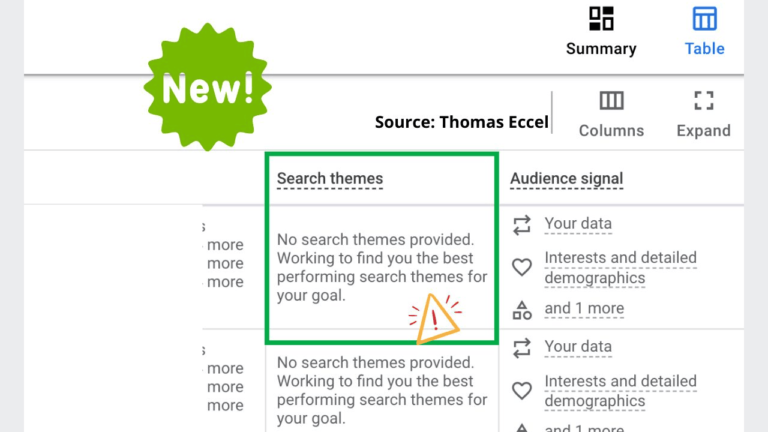 Screenshot of a webpage displaying the "Search Themes" section, noting no themes are provided yet. A green starburst with "New!" and an alert icon highlight updates. User data, signals, and SEO keywords are listed on the right in a concise table view.