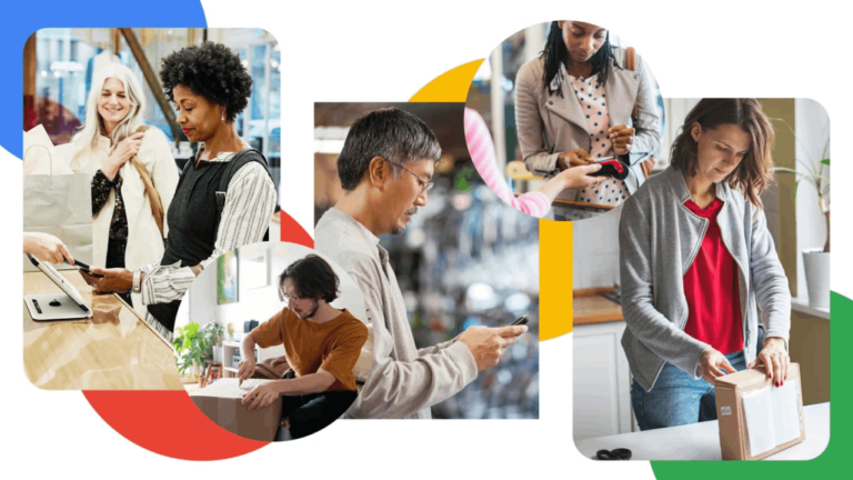 A collage showcasing a vibrant shopping experience scorecard: diverse individuals engaged in activities such as a woman paying at a cash register, a man using a phone, someone working on a laptop, another handling a package, and someone swiping a card at the terminal.