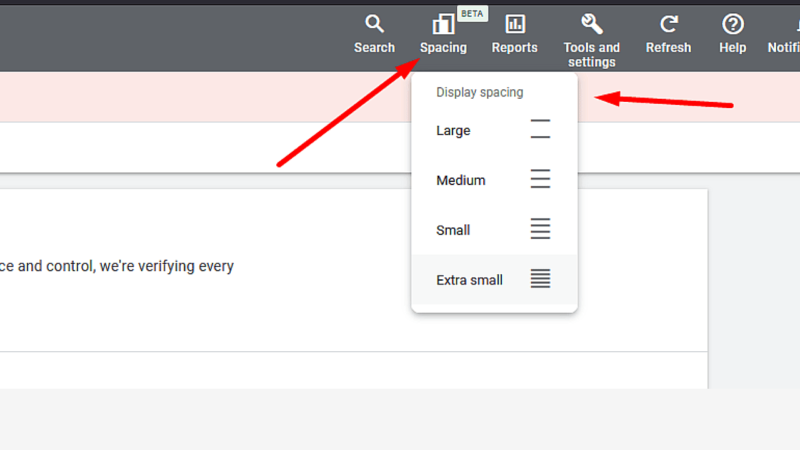 Screenshot of a dropdown menu in the software interface showing formatting options under "Spacing." It lists design choices: Large, Medium, Small, and Extra small. An arrow points to the button for opening this spacing option menu.