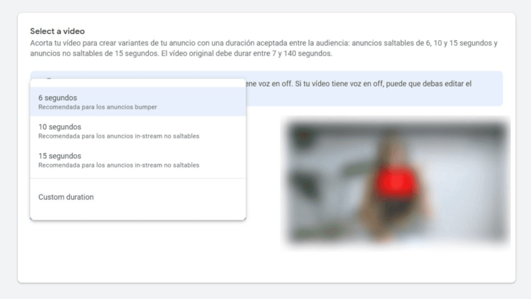 A software interface for video editing displays options to select ad durations. The dropdown menu includes 6, 10, and 15 seconds, along with custom settings. In the background, a blurred image with a figure in red complements the shared library of editable content.