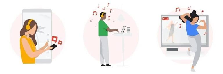 Illustration of three people engaging with music: a Gen Z woman with headphones and a tablet, a person with headphones using a laptop, and a woman dancing joyfully in front of a screen showcasing an exciting new music lineup. Musical notes surround them.