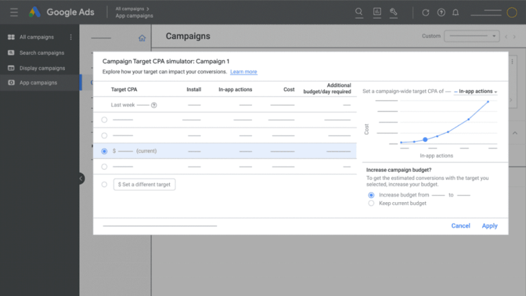 Screenshot of a Google Ads interface showcasing the Campaigns page. A pop-up titled "Campaign Target CPA simulator: Campaign 1" features a chart on the right and adjustable settings for Target CPA, Install, Cost, and Budget on the left, offering a guide to optimizing App Campaigns with Bidding Tools.