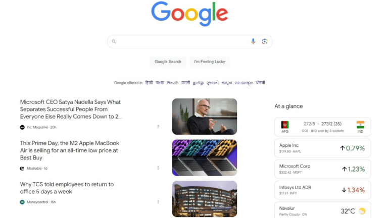 Screenshot of a Google search page on desktop showing a news snippet about Satya Nadella, SEO articles on technology deals, and a stock market summary with Apple Inc., Microsoft Corp, Infosys Ltd, and Navilur.