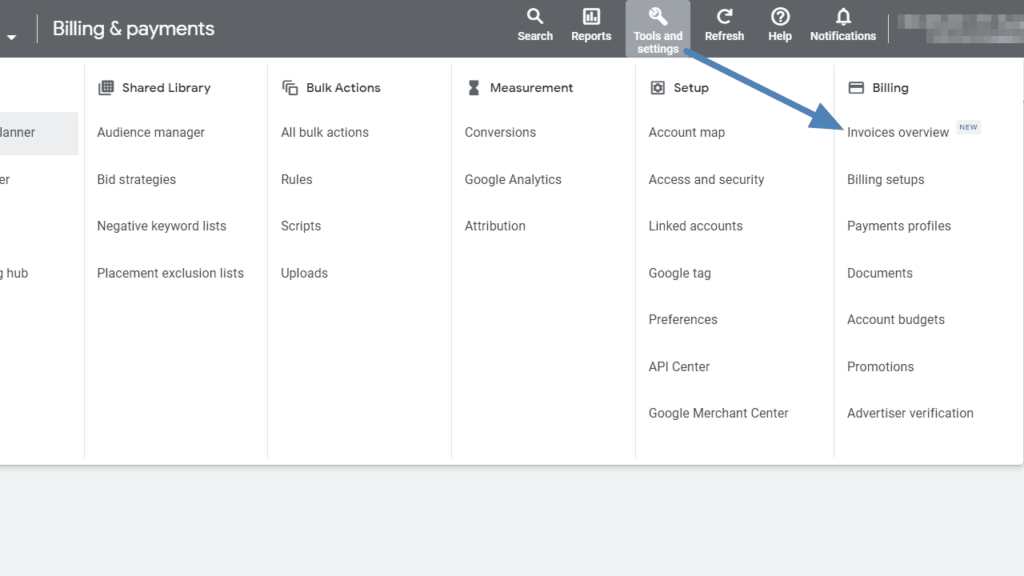 Screenshot of the Google Ads interface displaying the "Billing & payments" tab, specifically highlighting the "Invoices overview" option under the Billing section with a blue arrow. Perfect for anyone managing a Manager Account who needs quick access to invoicing details.