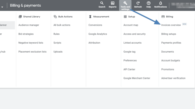 Screenshot of the Google Ads interface displaying the "Billing & payments" tab, specifically highlighting the "Invoices overview" option under the Billing section with a blue arrow. Perfect for anyone managing a Manager Account who needs quick access to invoicing details.