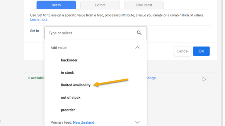 A dropdown menu on a computer screen reveals various options related to product availability, such as "backorder," "in stock," "limited availability" (highlighted by an arrow), and the new option "preorder." Each choice showcases an availability attribute. The "OK" button is neatly positioned on the right.