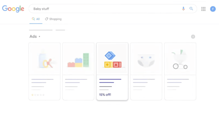 A Google search in Chrome for "baby stuff" under the shopping tab displays ads with five product images. The first four boast abstract designs, while the fifth features a diaper icon. One ad is displaying a "15% off" offer through Merchant Promotions.