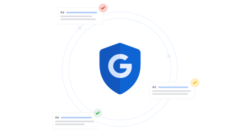 A blue shield with a white "G" in the center is surrounded by three floating rectangular ad icons, each with checkmarks of different colors (red, yellow, green) in the top-right corners. This visual symbolizes users' feedback and aligns with Google's Privacy Plan to ensure secure browsing experiences.