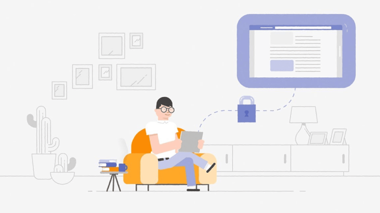 Illustration of a person sitting on an orange chair using a tablet, with a digital display showing a blocked document symbol above. The room contains a lamp, frames, and a cactus. A stack of books is beside the chair, hinting at the intricacies of managing accounts or Google Ads Scripts.