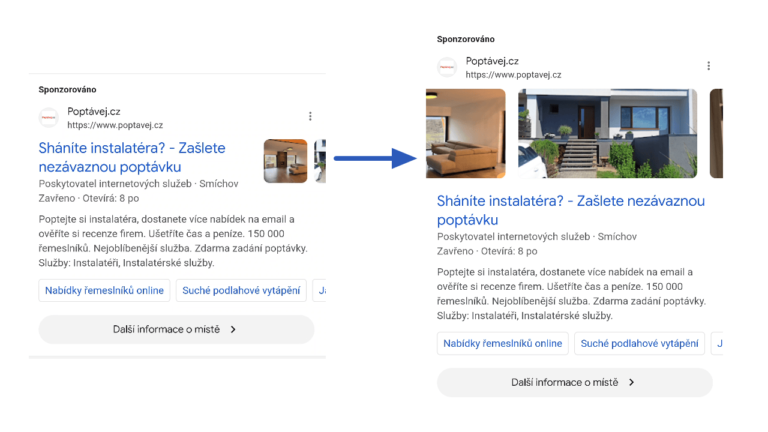 A comparison of two online service advertisements. The left ad highlights "Poptejvář.cz," featuring an interior scene, reminiscent of a local ad carousel. An arrow points to the right ad with "Poptejvář.cz," showing a house exterior and options to submit a request online, offering an expanding image of services.
