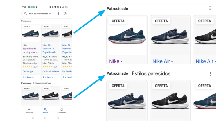 The image showcases search results for "Nike Zoom Vomero 9," enhanced by SEO keywords. Sponsored ads highlight two shopping sections displaying Nike shoes: the first labeled "OFERTA Nike Air" and the second "Patrocinado: Estilos Parecidos." Blue arrows point to both sections.