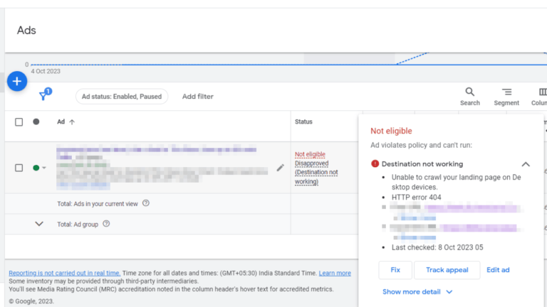 Screenshot of a Google Ads dashboard displaying an ad campaign. An error message indicates "Destination not working" with HTTP error 404. The graph above shows campaign data and ad views, highlighting performance insights despite the issue.