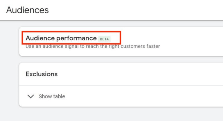 Screenshot of a webpage section titled "Audiences." The beta-highlighted feature, "Audience Performance," offers insights for optimizing your App Campaigns. Below, a section labeled "Exclusions" includes a "Show table" option for detailed analysis.