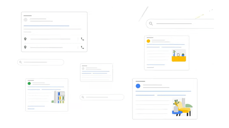 A digital illustration showcasing automatically-created assets, featuring various interface elements like text boxes, search bars, and icon graphics scattered across a white background. Some elements include images of a plant and furniture alongside generic search-related icons.