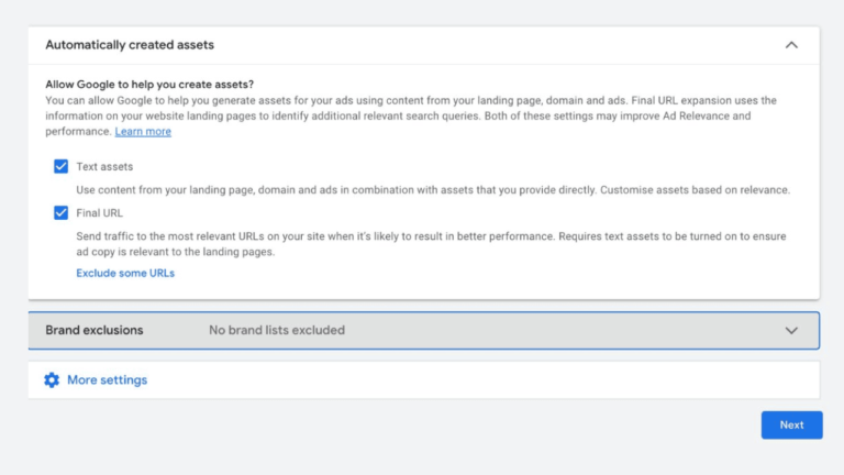 Screenshot of Google Ads interface displaying settings for Automatically-Created Assets. Options include toggles for "Text assets" and "Final URL." The "Brand exclusions" section currently states "No brand lists excluded," highlighting the default setup with no SEO-specific exclusions.