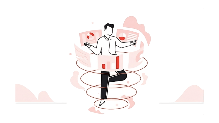 Illustration of a faceless person surrounded by floating data charts and graphs, with red and grey accents, seamlessly integrating Google Ads. The person stands on one leg inside a swirling ribbon, symbolizing innovative data analysis or business strategy solutions.
