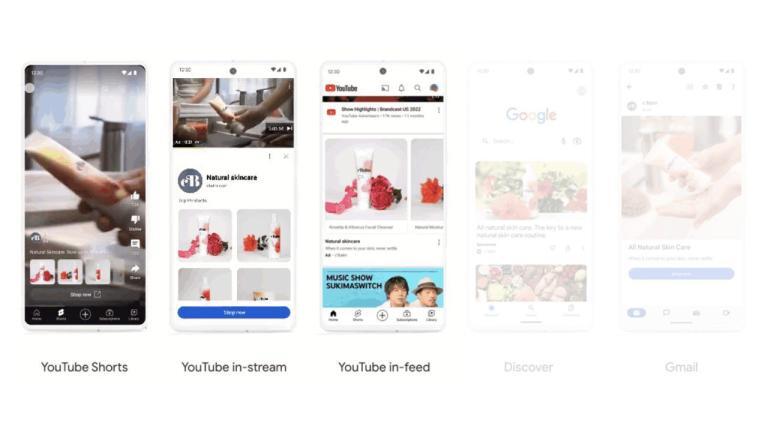A comparison image with five smartphone screens displays different Google ad placements: YouTube Shorts, YouTube in-stream, YouTube in-feed, Discover, and Gmail. Announced Demand Gen strategies highlight skincare product advertisements tailored to diverse format preferences.