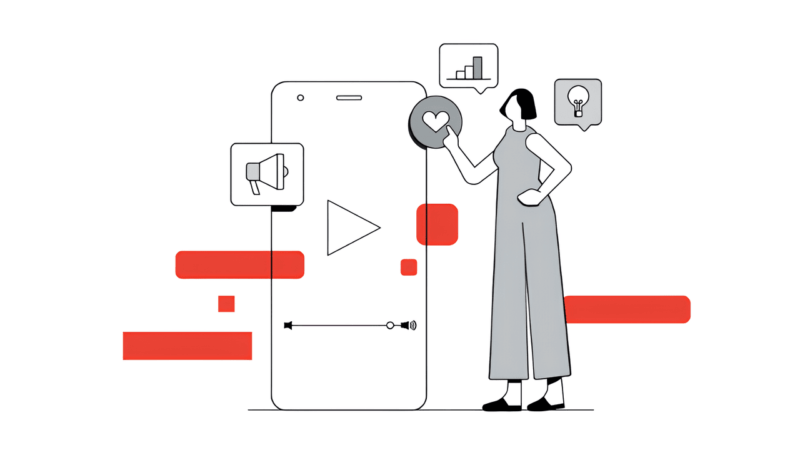 Illustration of a person engaging with a large smartphone displaying a play button, reminiscent of YouTube Shorts. Speech bubbles show a bar graph, megaphone, and light bulb. Red rectangles in the background suggest exclusive placement for targeted multimedia interaction or social engagement.