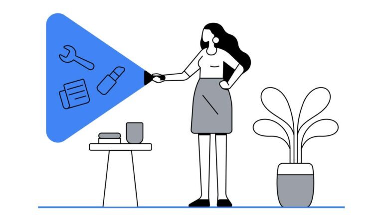 A woman shines a flashlight on a wall, revealing icons like a wrench, lipstick, and wallet. She stands by a small table with books and a mug, next to a checklist. A potted plant is nearby. The illustration uses blue and gray tones, reminiscent of Google's minimalistic style.