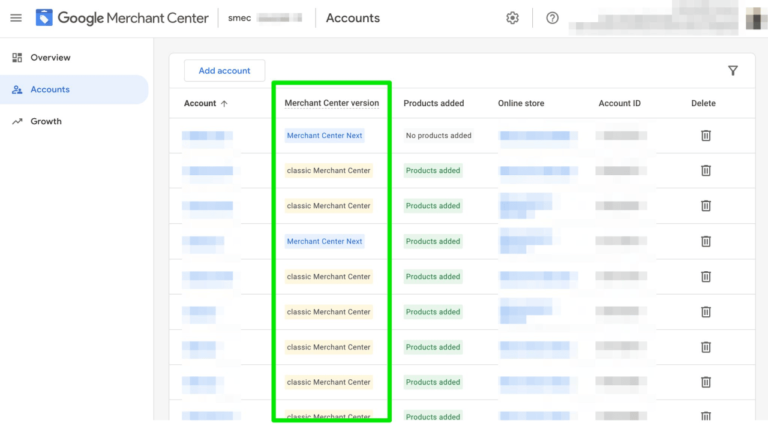 Screenshot of the Google Merchant Center accounts page, offering an account overview with GMC version details. The list of accounts displays their respective statuses, highlighting whether products have been added or if they remain marked as "No products added.