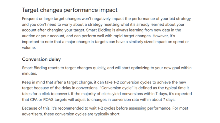 A document discussing the effects of adjusting targets on performance impact and conversion delay. It explains how frequent target changes affect results without a learning period, mentioning 1-2 conversion cycles for performance improvements.