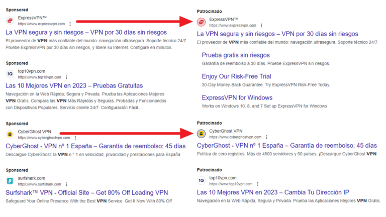 Search results with colored backgrounds display ads for VPN services in Spanish. Top ads feature ExpressVPN, known for its 30-day risk-free usage, and CyberGhost VPN with a 45-day money-back guarantee. Sponsored and non-sponsored links are interspersed throughout.