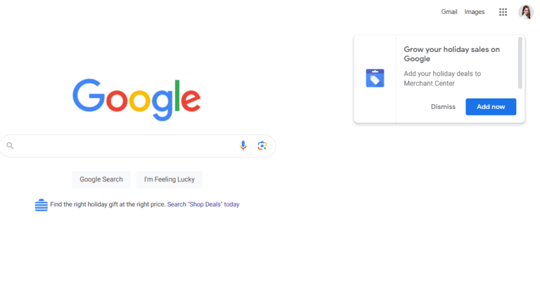 Screenshot of the Google homepage, featuring the iconic logo and search bar. A promotional pop-up on the right reminds users about growing holiday sales on Google Merchant Center. Options to "Dismiss" or "Add now" are available to explore these exciting holiday deals.