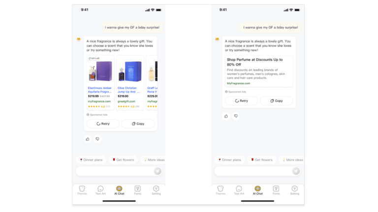 Two screenshots of a shopping app showcase a fragrance deal with product images and descriptions. A message reveals a complimentary gift. Options to retry or copy appear, alongside icons for dinner plans and more, highlighting the partnership with Baidu for enhanced user experience.