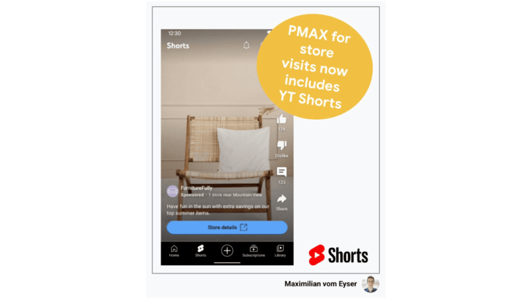 Screenshot of a YouTube Shorts video on a phone screen, featuring a chair with a pillow. A yellow circle highlights "Performance Max for store visits now includes YT Shorts." The bottom right displays the recognizable YouTube Shorts logo.