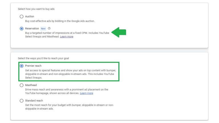 A screenshot displays options for buying ads on Google Ads, highlighting the "Reservation Ad Buying" option with an arrow. The "Premier reach" option is also emphasized, illustrating ad placements for Video campaigns on YouTube.