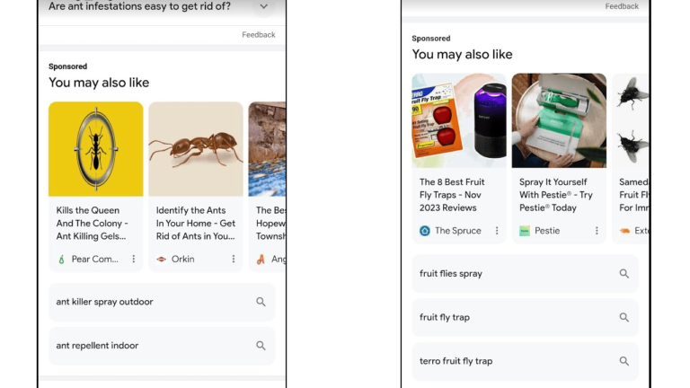 The image presents two advertisement panels optimized for SEO. The left panel showcases pest control products targeting ants, while the right highlights fruit fly control solutions like sprays and traps. Both panels feature images and brand suggestions designed to enhance your Search Generative Experience.