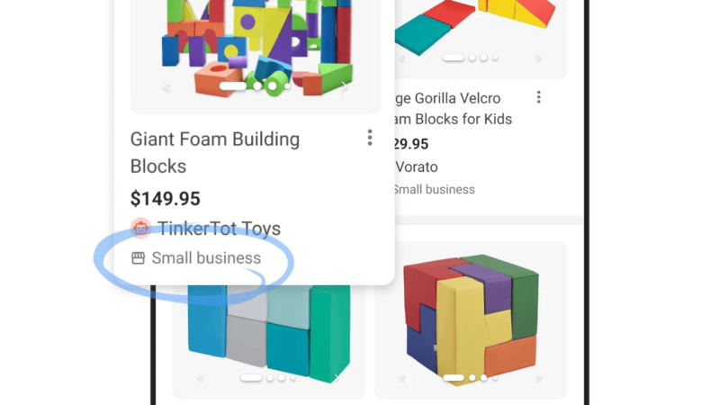A screenshot of an online store showcases foam building blocks for kids, priced at $49.95. The label highlights it as a small business. These colorful blocks come in various shapes, with other similar product listings visible in smaller images.