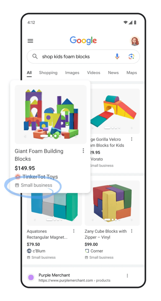 A smartphone screen showcases Google search results for "kids foam blocks." The highlighted result features "Giant Foam Building Blocks" priced at $149.95 from TinkerTot Toys, proudly labeled as a "Small business" in the product listings.