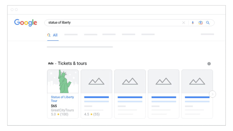 A Google search results page for "statue of liberty" displays an ad for tickets and tours. Highlighting top activities, the ad features an illustration of the iconic statue, priced at $65, with a 5-star rating from 100 reviews.