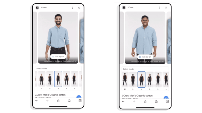 The image showcases two smartphones displaying a J.Crew clothing app. Both screens highlight a male model wearing a light blue shirt, with options to view different men's fashion styles and sizes below the main image, along with an innovative try-on feature for enhanced shopping experience.