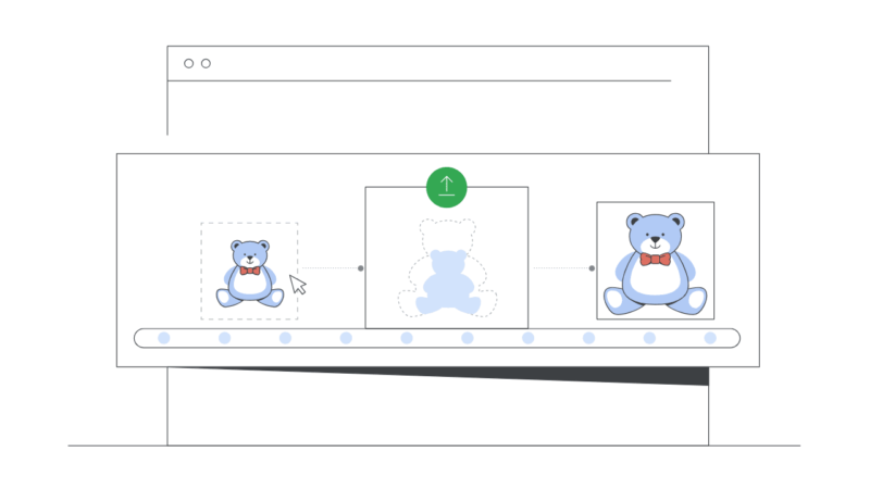 Illustration of a digital transformation process for a teddy bear, enhanced with image upscaling. A smaller bear on the left is upgraded to a larger one on the right, symbolized by an upward arrow and progress bar beneath.