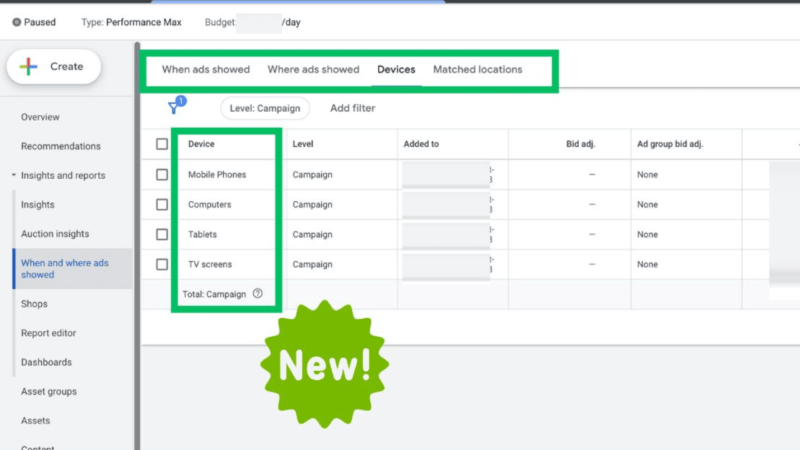 A digital interface showcasing ad campaign management settings features tabs like "When ads showed," "Where ads showed," and "Devices." A highlighted section details device data, including Mobile Phones and Computers. The green "New!" label hints at enhanced integration with SEO keywords for better optimization.