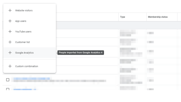 A screenshot of a Google Analytics dashboard featuring a dropdown menu with options like Website visitors, YouTube users, and more. The background is blurred, revealing insights on types and membership statuses through GA4 Audience Builder.