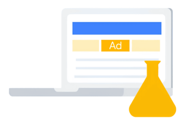 An illustration of a laptop showcasing a webpage with a blue header and an "Ad" label, symbolizing testing in online advertising. In front, a yellow laboratory flask emphasizes experimentation, while subtly hinting at the integration of the new Sunset API schedule into your advertising strategy.