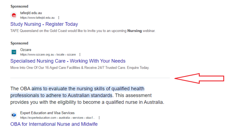 A screenshot of search results for nursing opportunities in Australia is displayed on a desktop. It features organic and paid results, including sponsored links for nursing courses and qualifications, alongside a highlighted section about the OBA's role in evaluating nursing skills according to Australian standards.