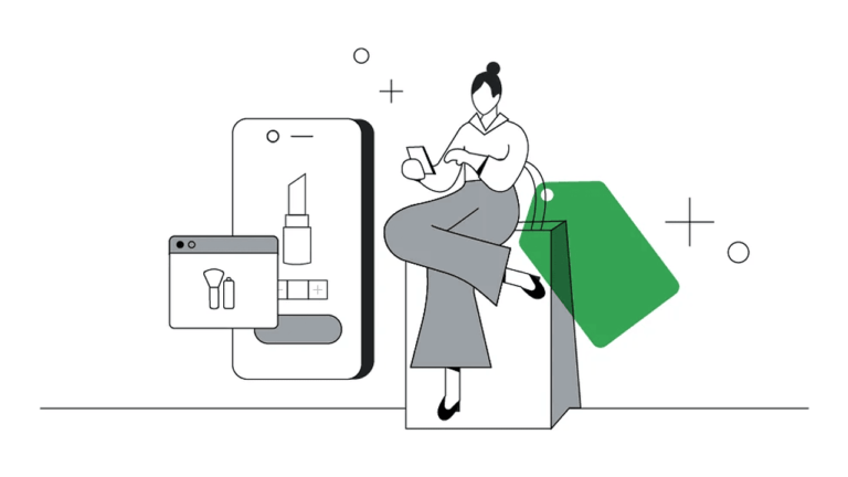 Illustration of a person with a bun sitting on large shopping bags, holding a phone. A giant smartphone and web window display cosmetic items from Merchant Next, emphasizing online shopping. Geometric elements and supplemental feeds surround the scene, adding a modern feel.